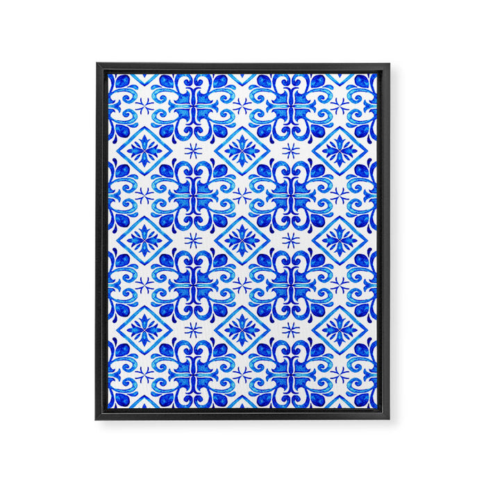 Greek Blue and White Pattern Spanish Tiles Amalfi Coast Pattern Framed Canvas Print Gallery Image 1