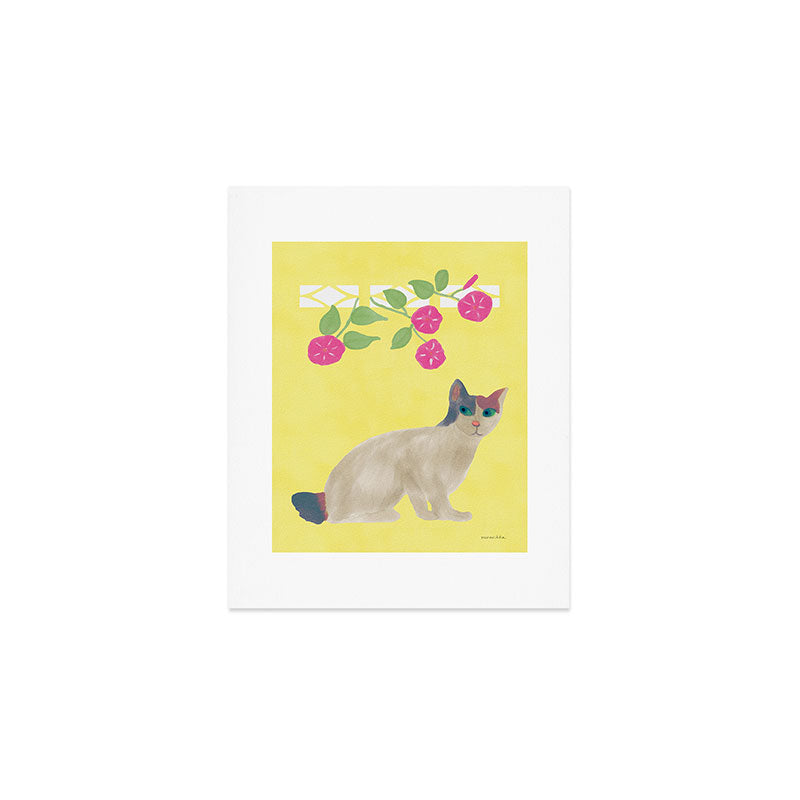 Calico Cat and Flower on Yellow Art Print Gallery Image 1