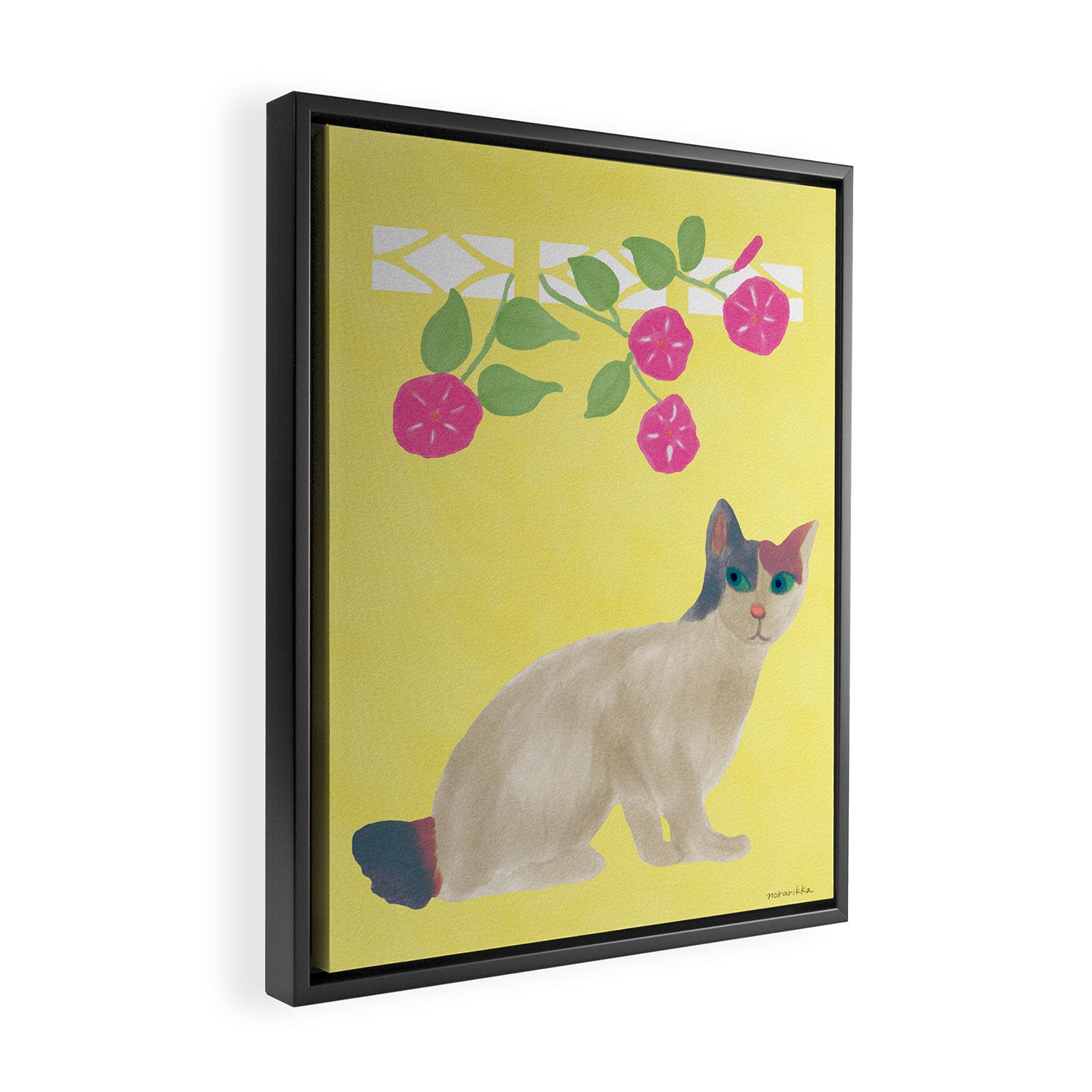 Calico Cat and Flower on Yellow Framed Canvas Print Gallery Image 2