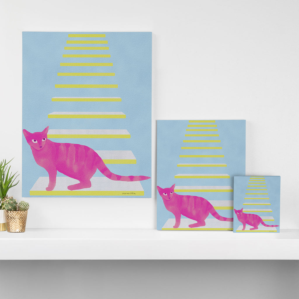 Cat on the Stairs - Pink Canvas Print Gallery Image 3