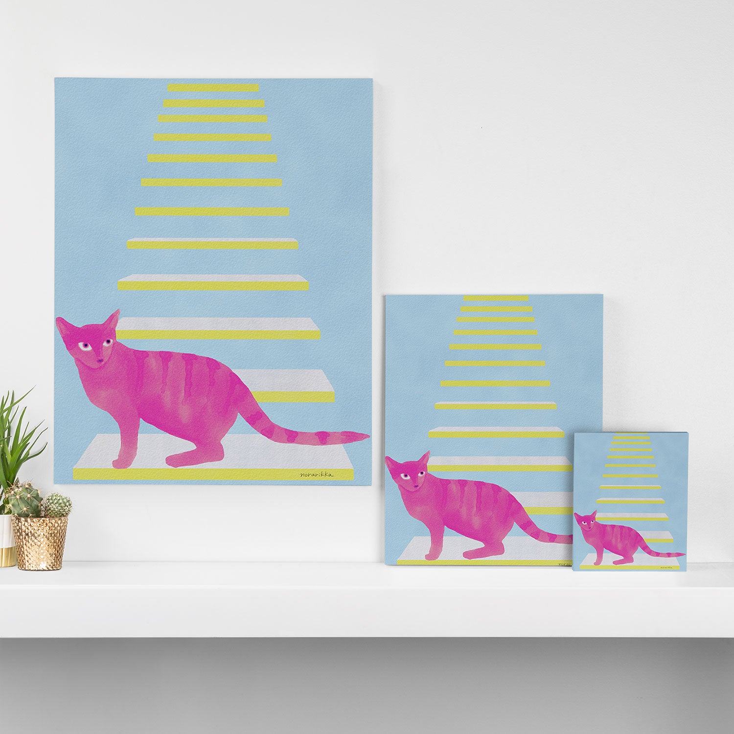 Cat on the Stairs - Pink Canvas Print Gallery Image 3