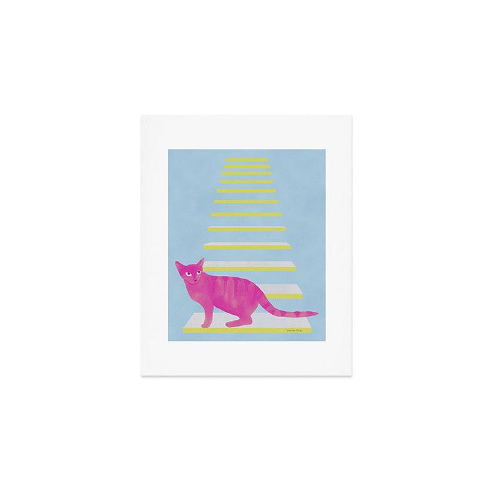 Cat on the Stairs - Pink Art Print Gallery Image 1