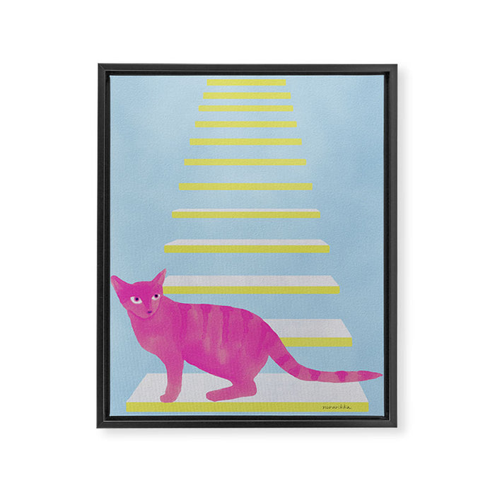 Cat on the Stairs - Pink Framed Canvas Print Gallery Image 1