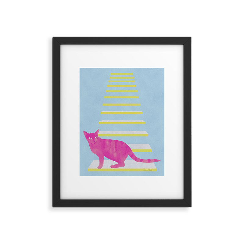 Cat on the Stairs - Pink Framed Art Print Gallery Image 6