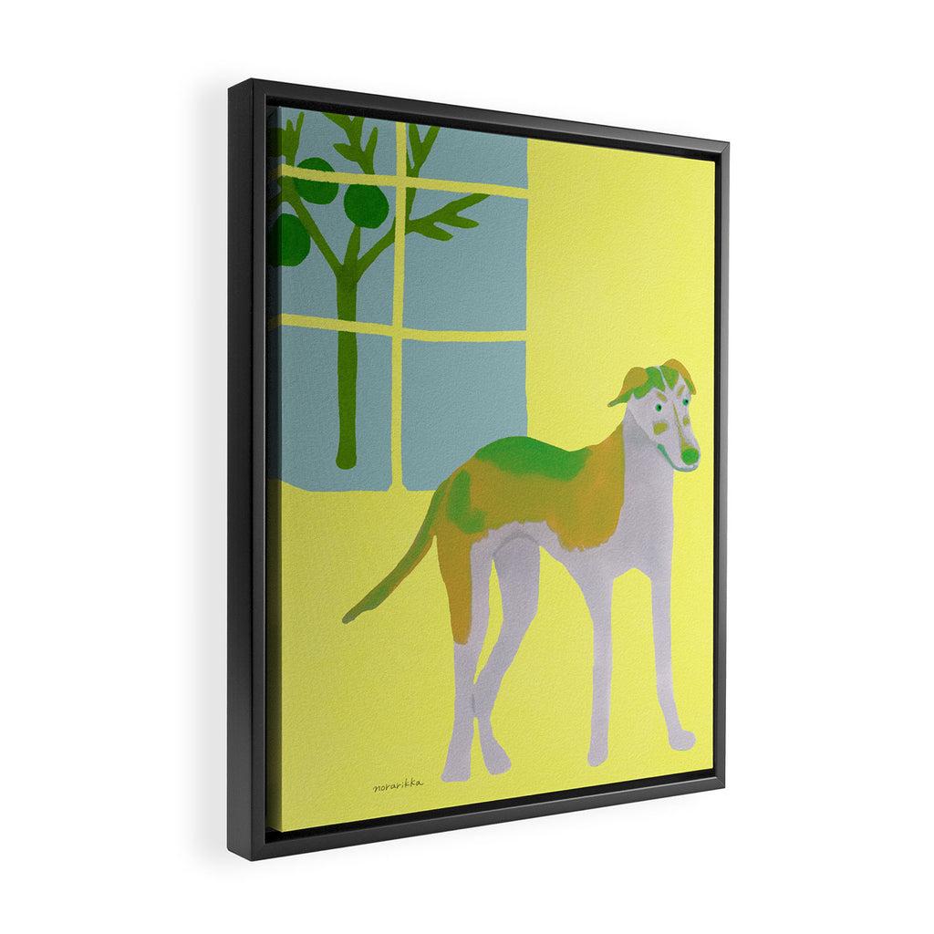 Dog in a Room - Green and Yellow Framed Canvas Print Gallery Image 2