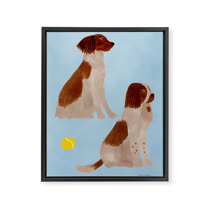 Dogs and a Tennis Ball - Brown and Blue Framed Canvas Print Gallery Image 1