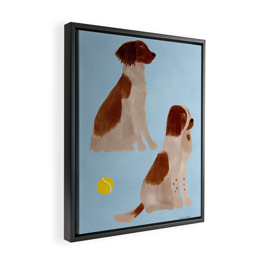 Dogs and a Tennis Ball - Brown and Blue Framed Canvas Print Gallery Image 2