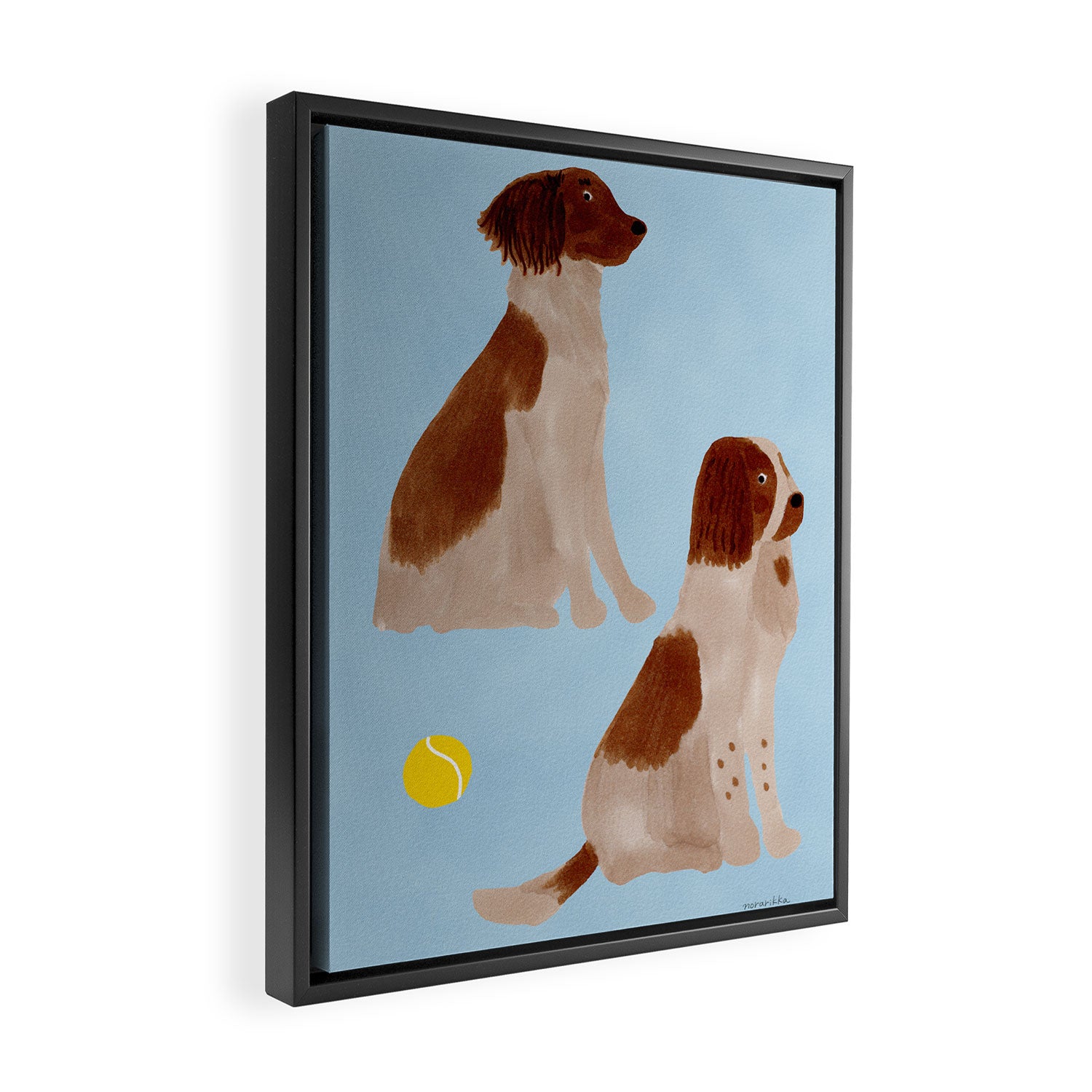 Dogs and a Tennis Ball - Brown and Blue Framed Canvas Print Gallery Image 2