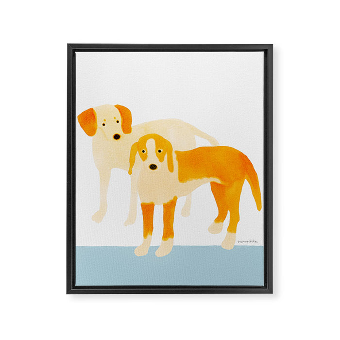 Dogs Near Water - Yellow and White Framed Canvas Print Gallery Image 1