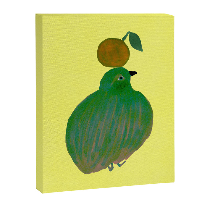 Fat Round Bird and Orange - Green and Yellow Canvas Print Gallery Image 1