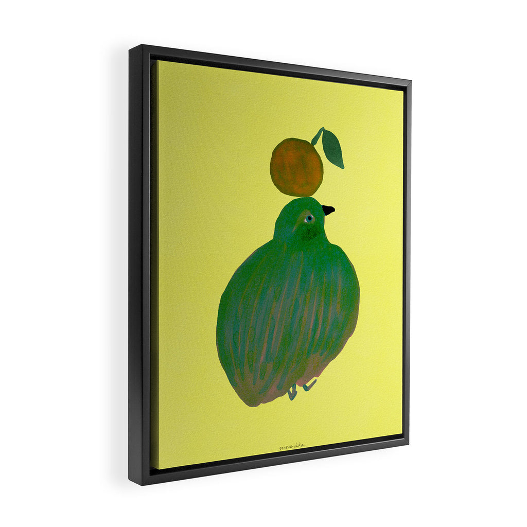 Fat Round Bird and Orange - Green and Yellow Framed Canvas Print Gallery Image 2