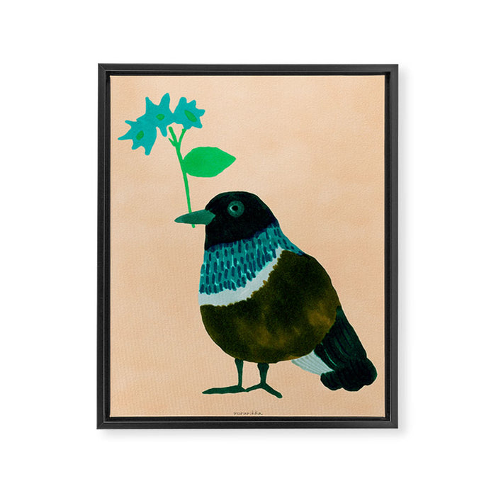 Flower Giving Bird - Green and Pink Framed Canvas Print Gallery Image 1