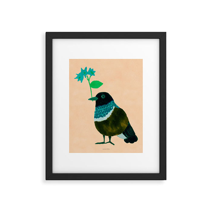 Flower Giving Bird - Green and Pink Framed Art Print Gallery Image 1