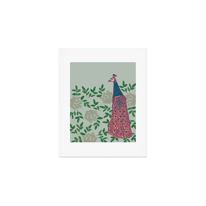 Peacock and Flower - Pink and Sage Art Print Gallery Image 1