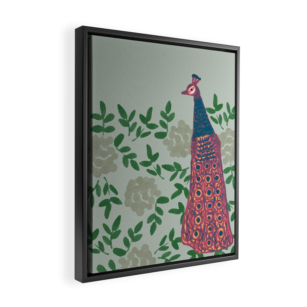 Peacock and Flower - Pink and Sage Framed Canvas Print Gallery Image 2