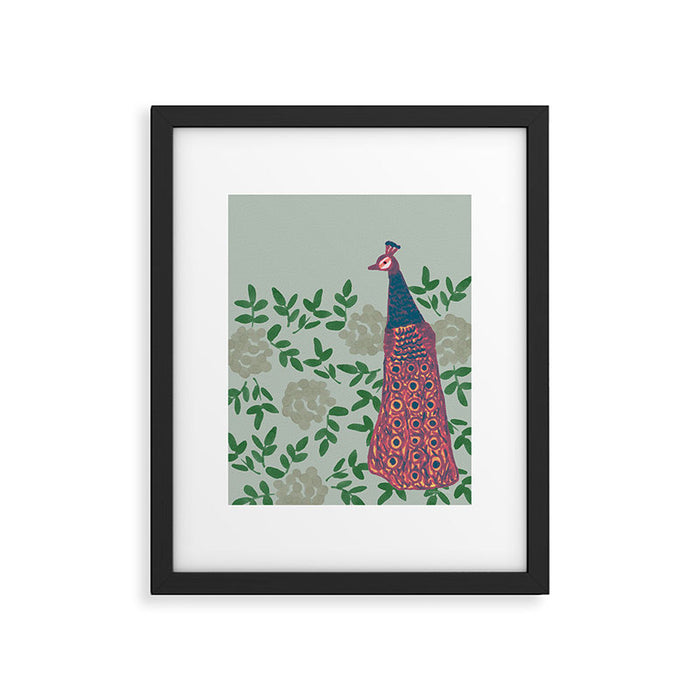 Peacock and Flower - Pink and Sage Framed Art Print Gallery Image 1