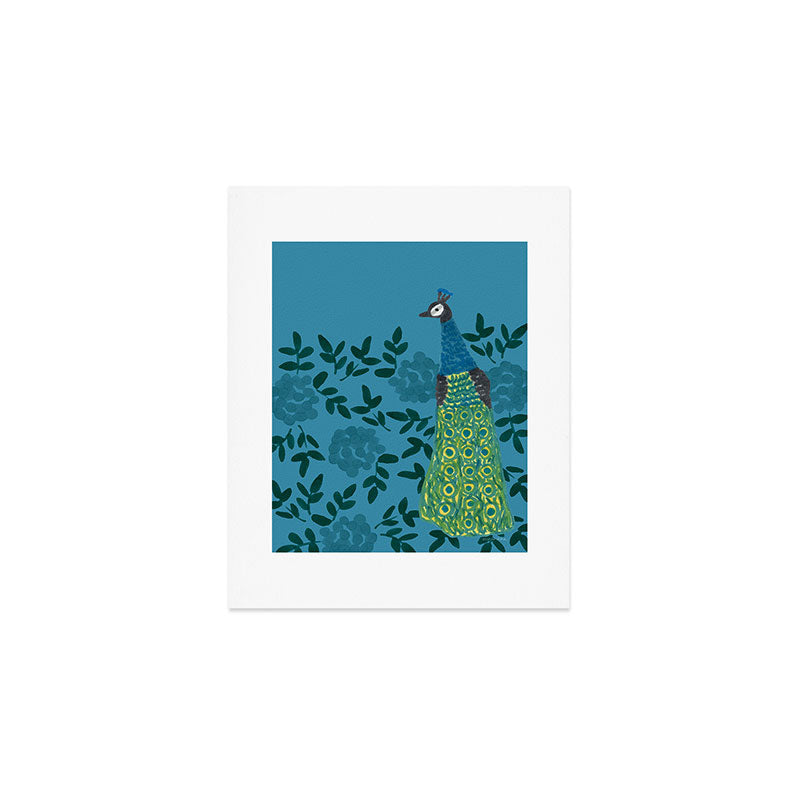 Peacock and Flower - Teal and Blue Art Print Gallery Image 1