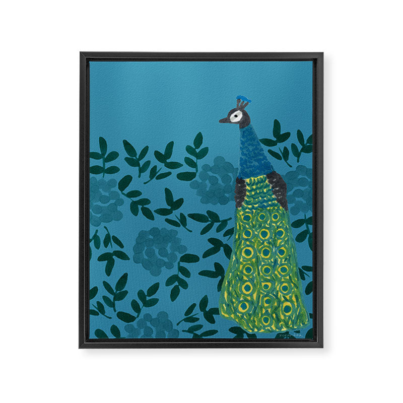 Peacock and Flower - Teal and Blue Framed Canvas Print Gallery Image 8