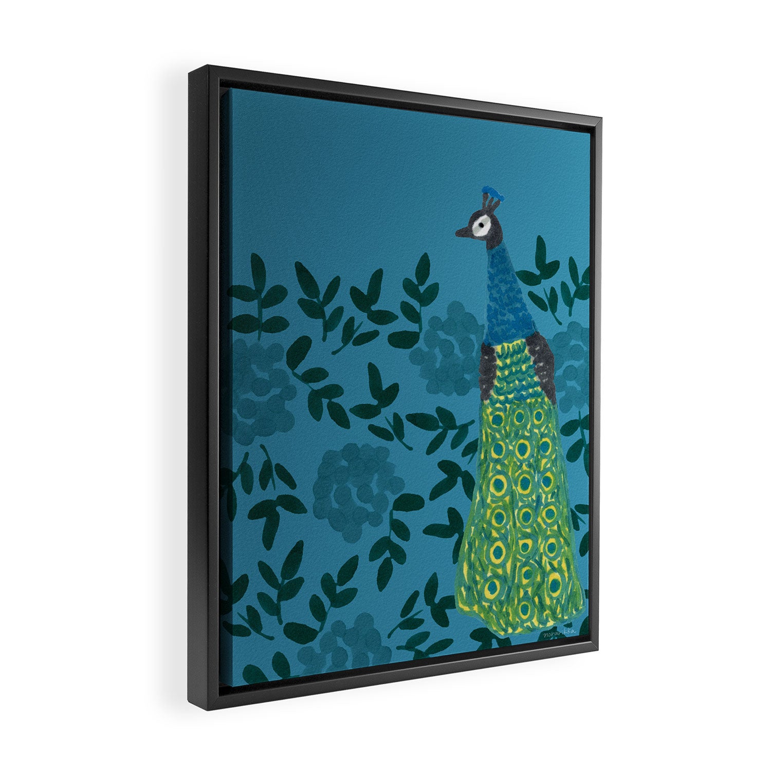 Peacock and Flower - Teal and Blue Framed Canvas Print Gallery Image 2