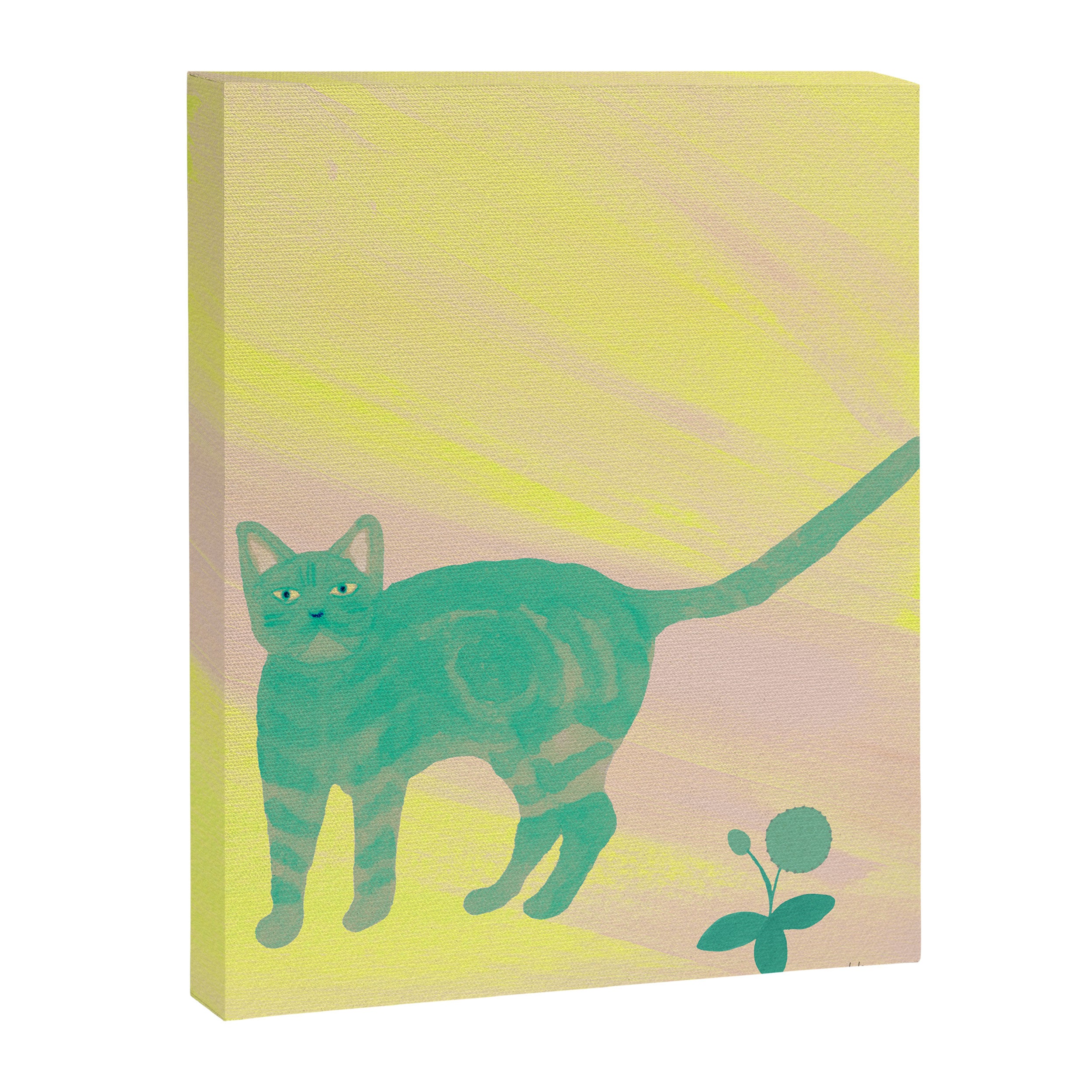 Staring Cat and Flower - Green and Pink and Yellow Canvas Print Gallery Image 8
