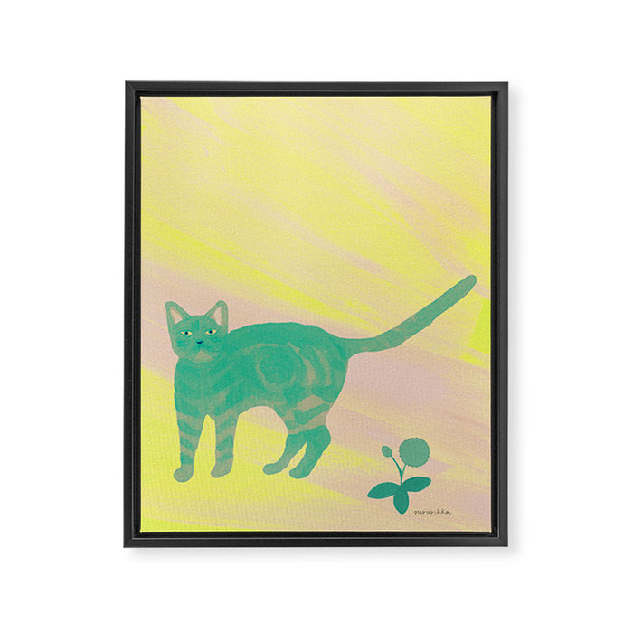 Staring Cat and Flower - Green and Pink and Yellow Framed Canvas Print Gallery Image 1