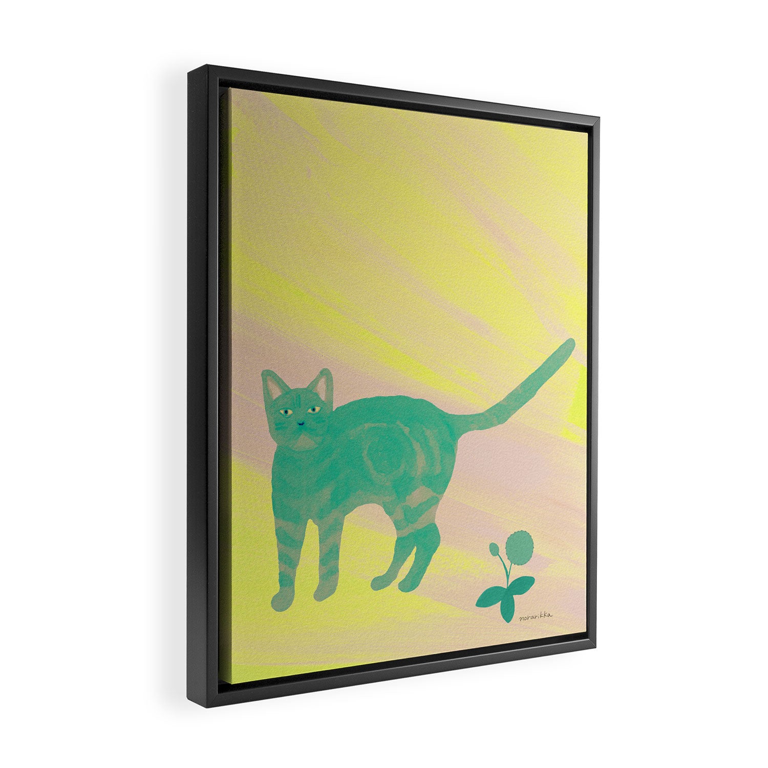 Staring Cat and Flower - Green and Pink and Yellow Framed Canvas Print Gallery Image 2