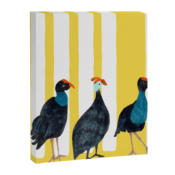 Three Birds Walking - Blue and Yellow Canvas Print Gallery Image 1