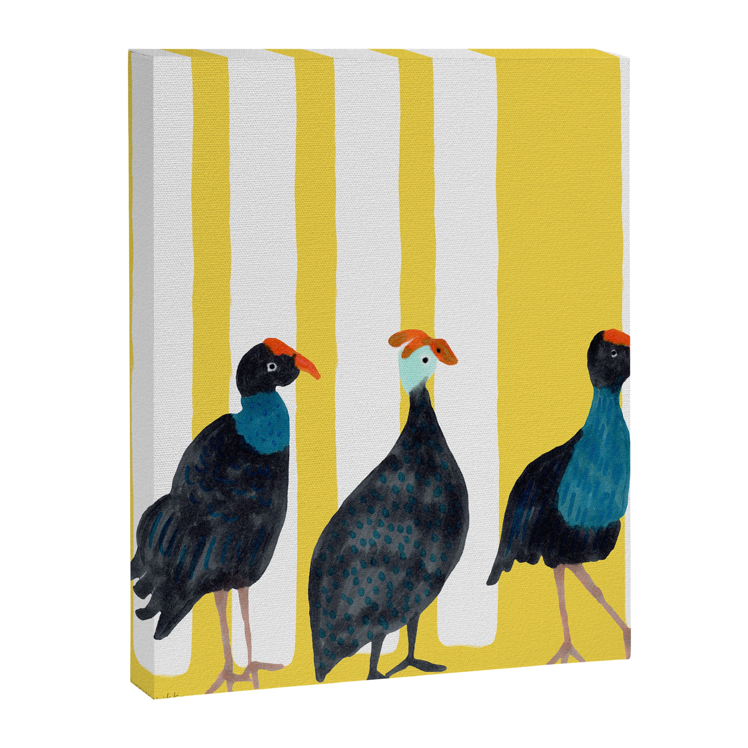 Three Birds Walking - Blue and Yellow Canvas Print Gallery Image 8