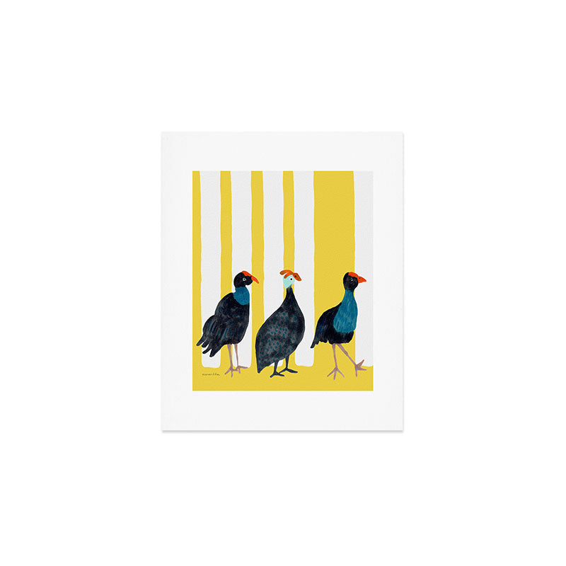 Three Birds Walking - Blue and Yellow Art Print Gallery Image 1