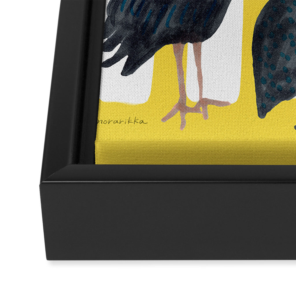 Three Birds Walking - Blue and Yellow Framed Canvas Print Gallery Image 3