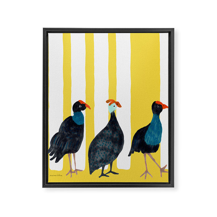 Three Birds Walking - Blue and Yellow Framed Canvas Print Gallery Image 1