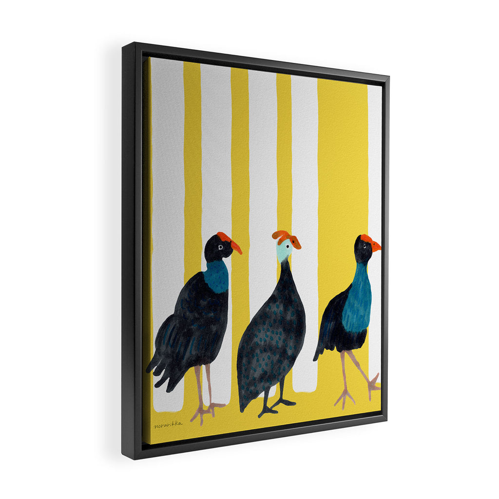 Three Birds Walking - Blue and Yellow Framed Canvas Print Gallery Image 2
