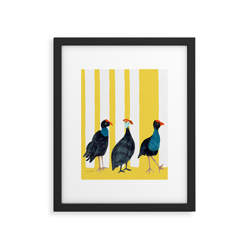Three Birds Walking - Blue and Yellow Framed Art Print Gallery Image 6