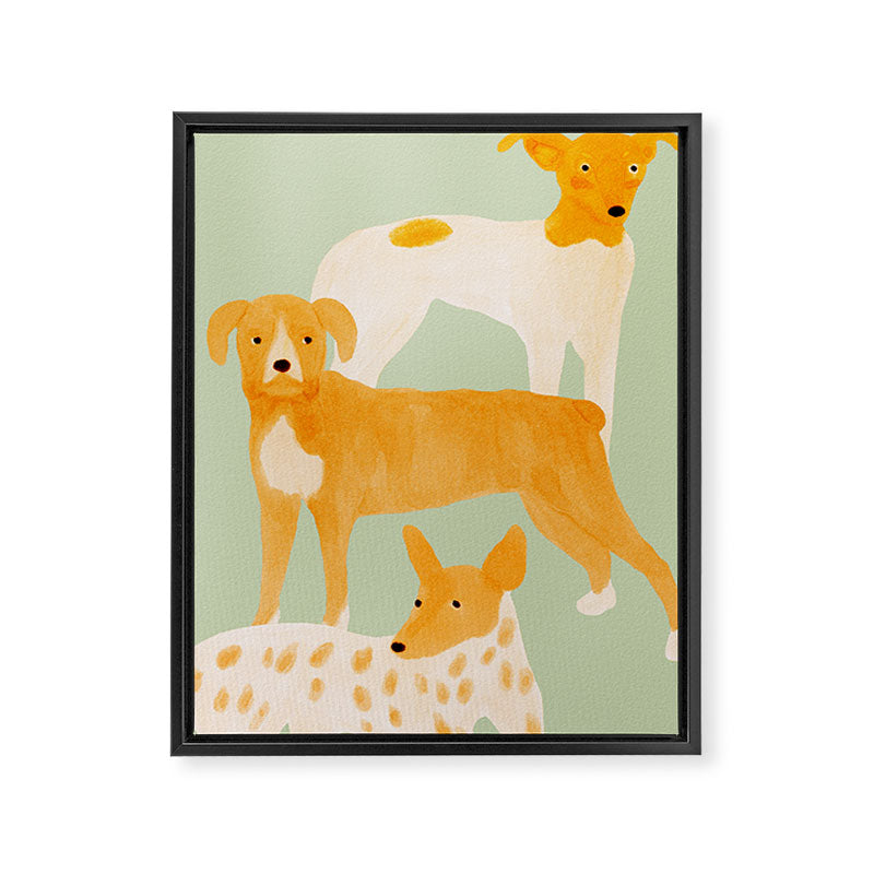 Three Dogs Lined Up - Yellow and Sage Framed Canvas Print Gallery Image 8