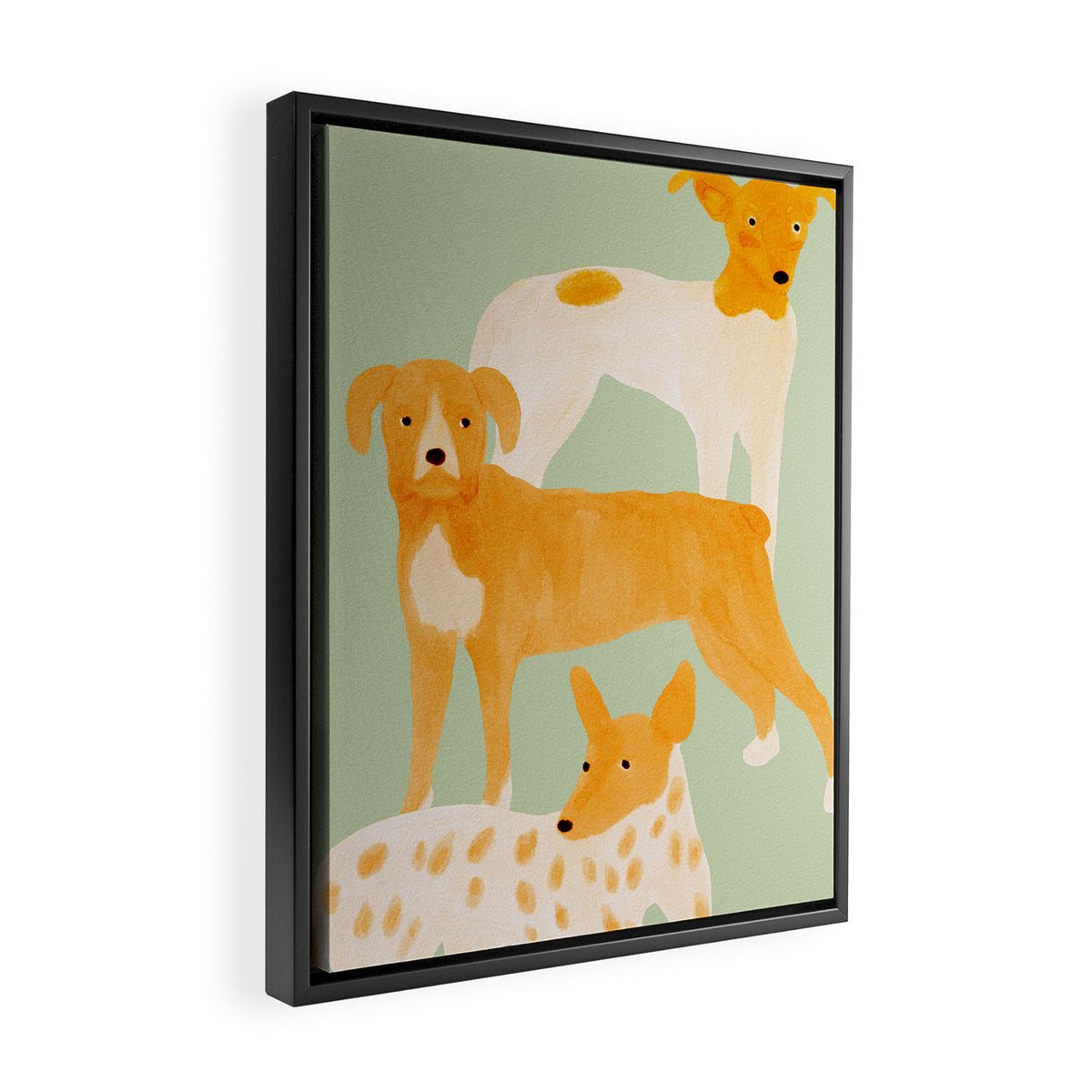 Three Dogs Lined Up - Yellow and Sage Framed Canvas Print Gallery Image 2