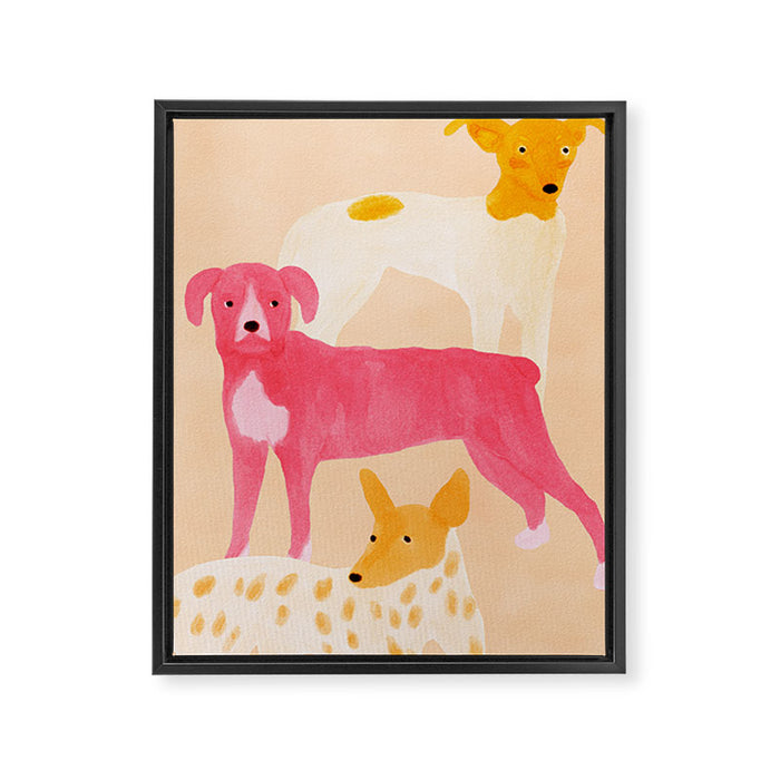 Three Dogs Lined Up - Yellow and Pink Framed Canvas Print Gallery Image 1