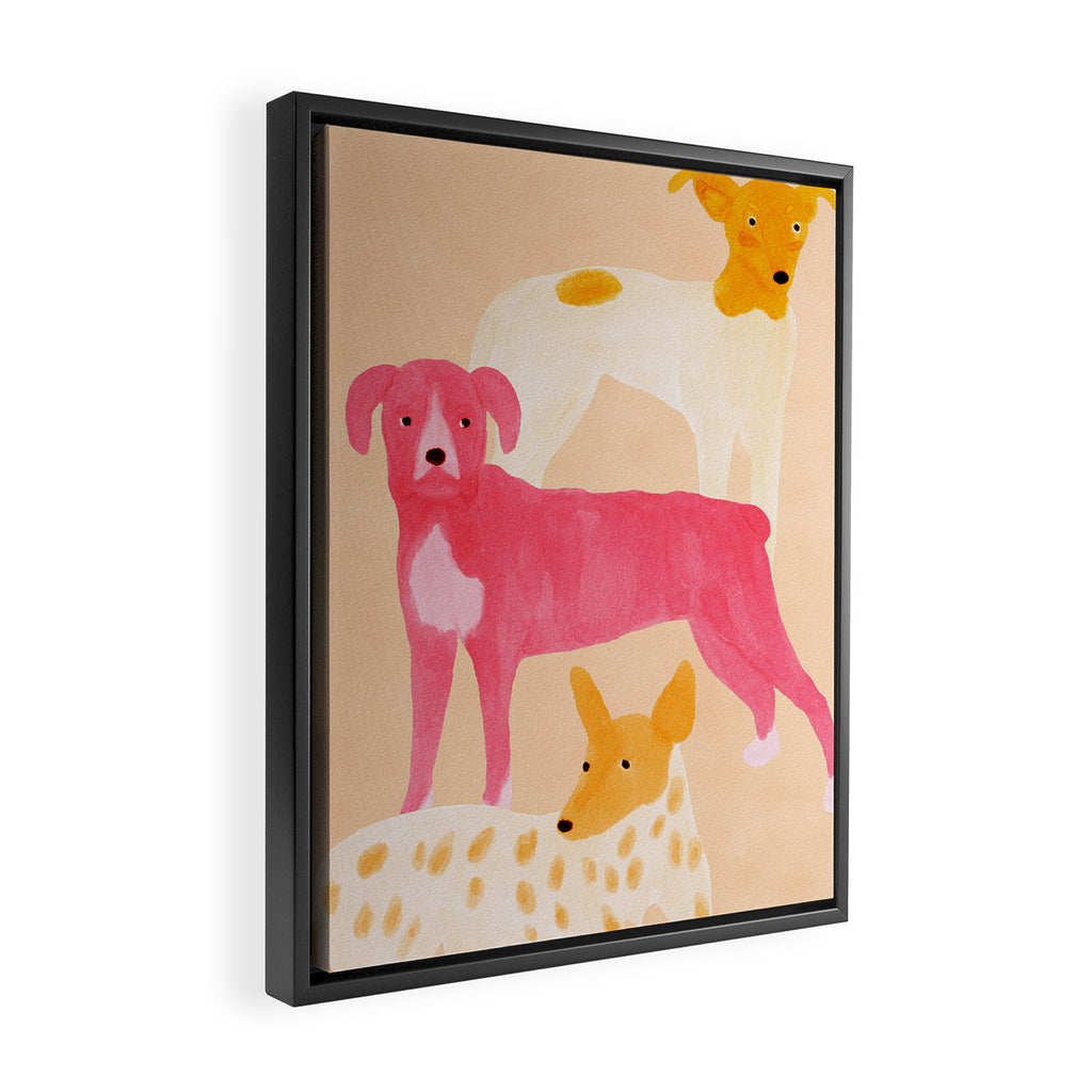 Three Dogs Lined Up - Yellow and Pink Framed Canvas Print Gallery Image 2