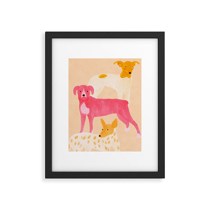 Three Dogs Lined Up - Yellow and Pink Framed Art Print Gallery Image 1