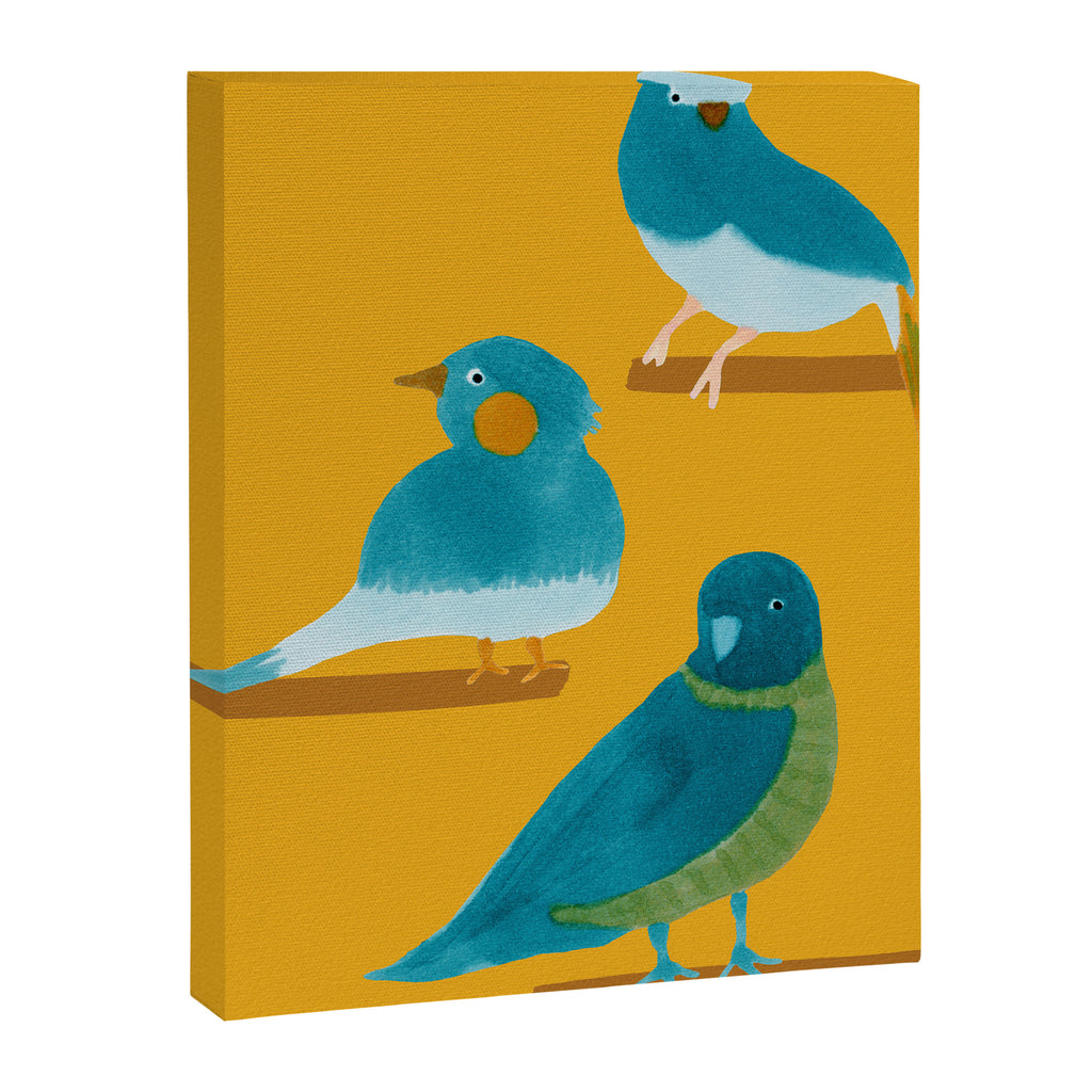 Three Friendly Birds - Turquoise and Yellow Canvas Print Gallery Image 8
