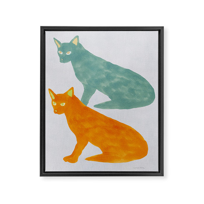 Twin Cats - Green and Orange Framed Canvas Print Gallery Image 1