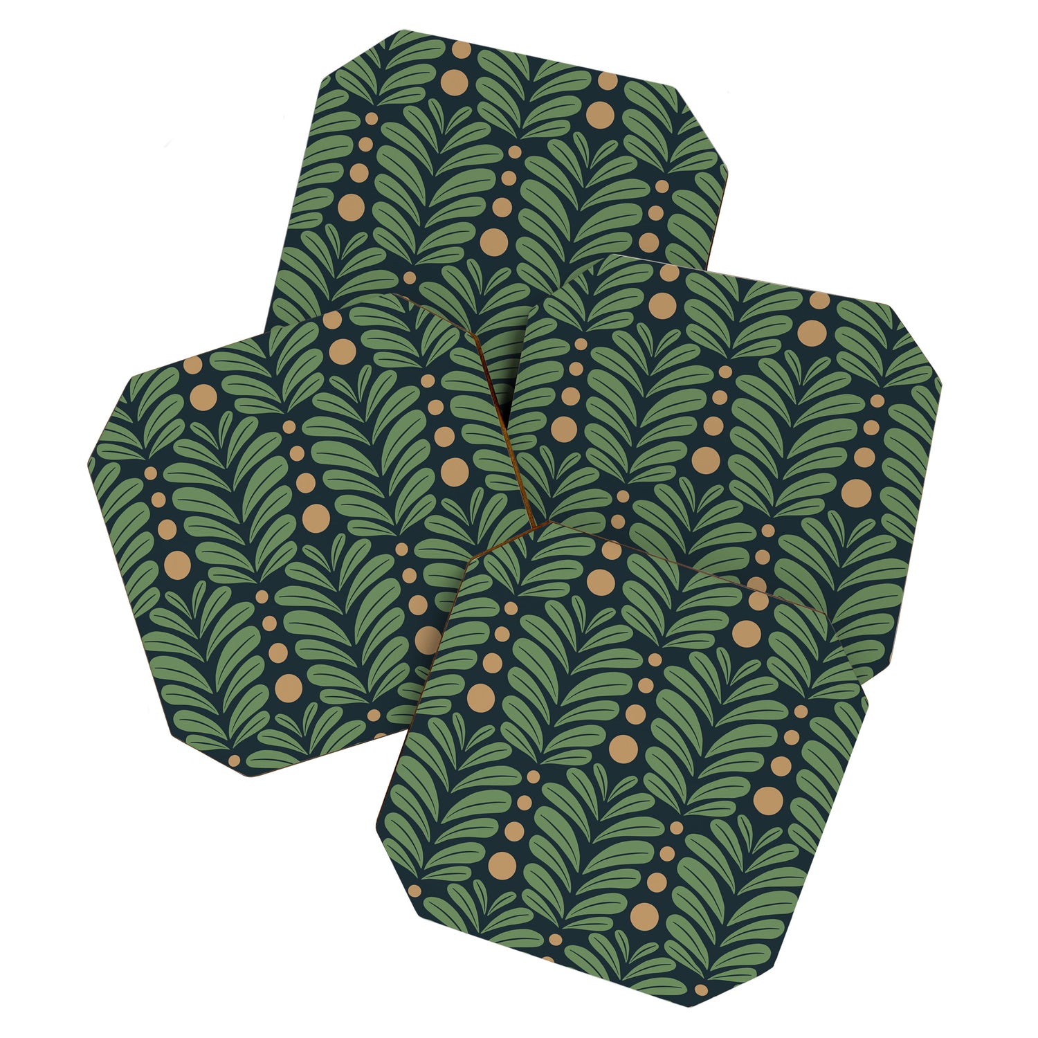 Green and Navy Botanical Scalloped Art Deco Pattern Coaster Gallery Image 1