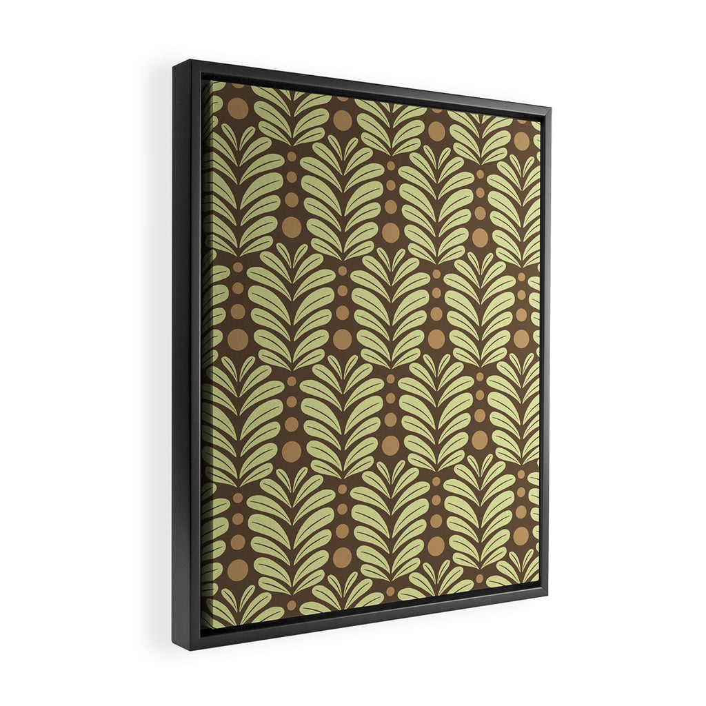 Lime on Brown Botanical Scalloped Art Deco Pattern Framed Canvas Print Gallery Image 2