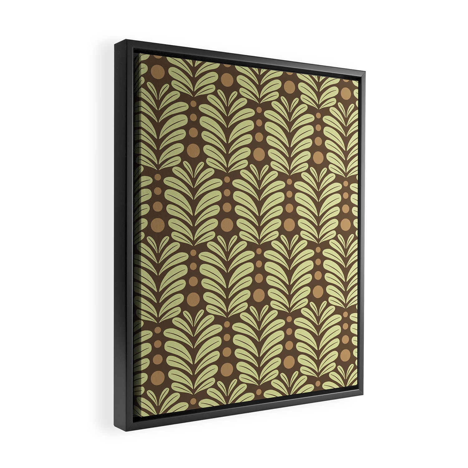 Lime on Brown Botanical Scalloped Art Deco Pattern Framed Canvas Print Gallery Image 2