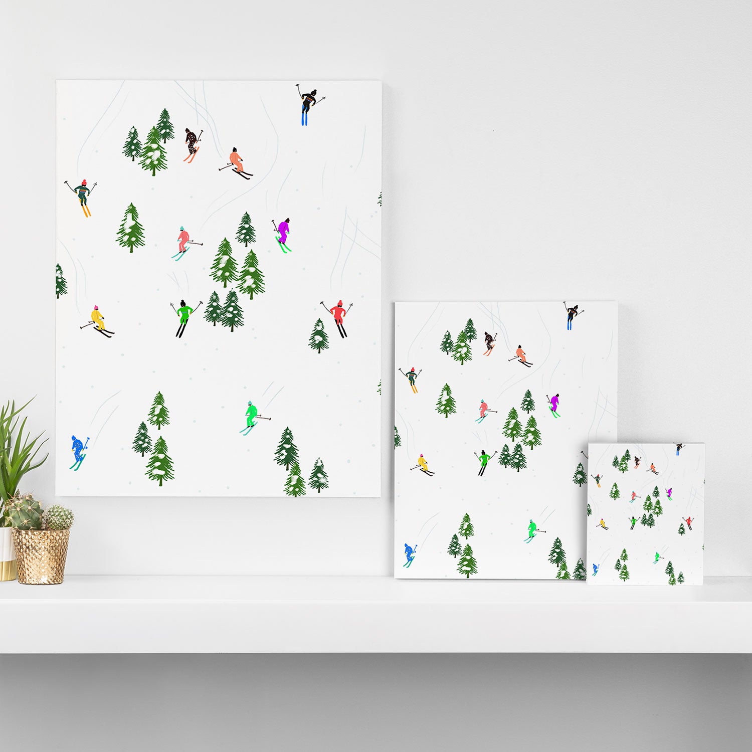 Downhill Mountain Aerial View Skiers - Winter skiing illustration Canvas Print Gallery Image 3