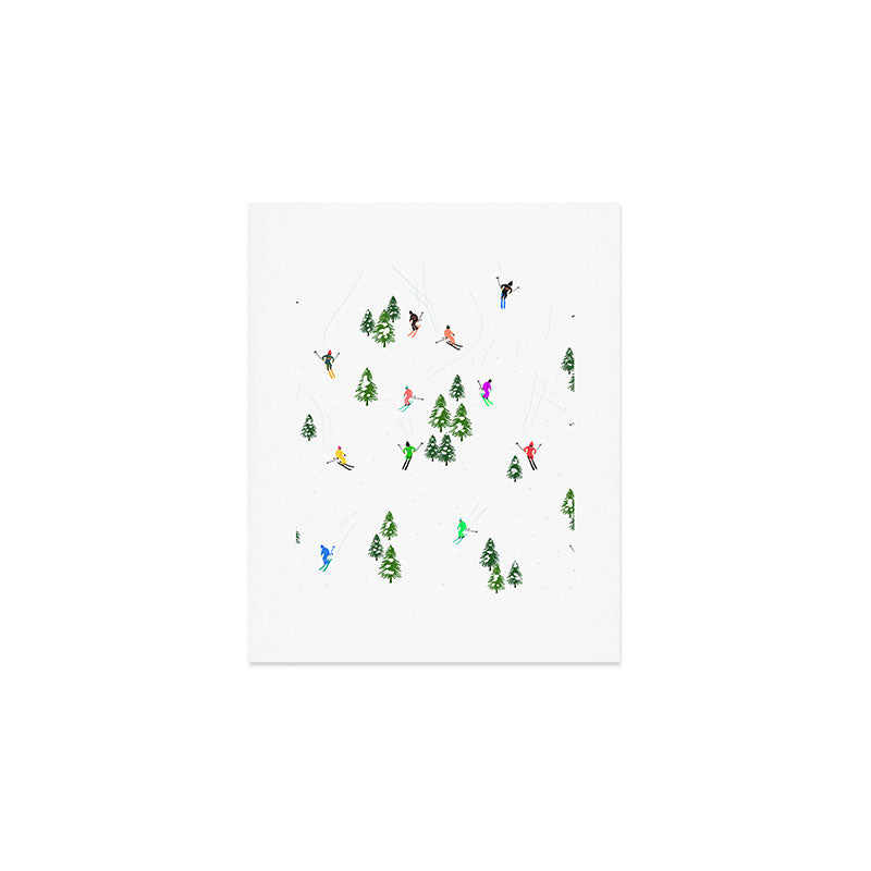Downhill Mountain Aerial View Skiers - Winter skiing illustration Art Print Gallery Image 1