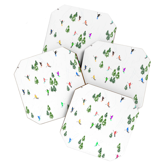 Downhill Mountain Aerial View Skiers - Winter skiing illustration Coaster Gallery Image 1