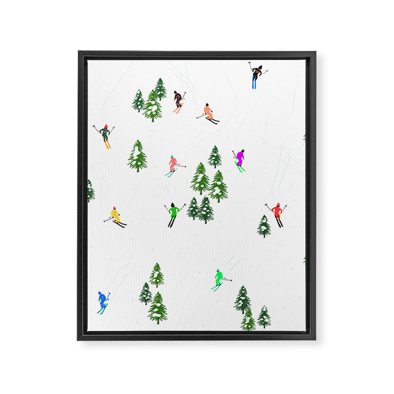 Downhill Mountain Aerial View Skiers - Winter skiing illustration Framed Canvas Print Gallery Image 8