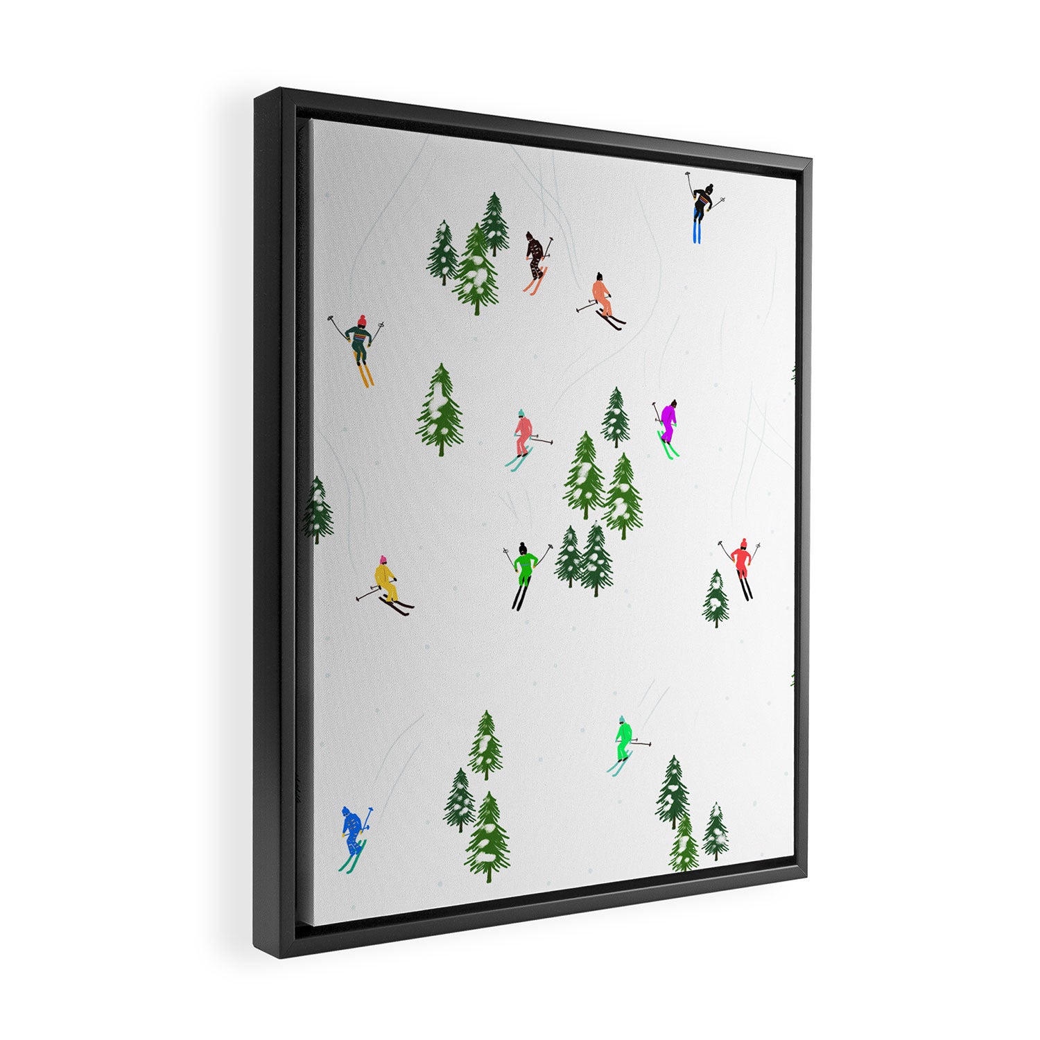 Downhill Mountain Aerial View Skiers - Winter skiing illustration Framed Canvas Print Gallery Image 2