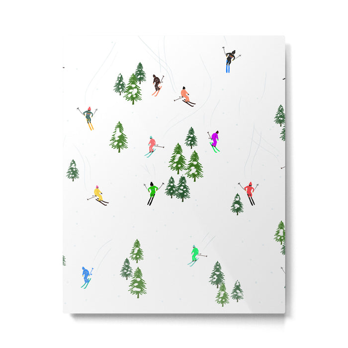 Downhill Mountain Aerial View Skiers - Winter skiing illustration Metal Print Gallery Image 1