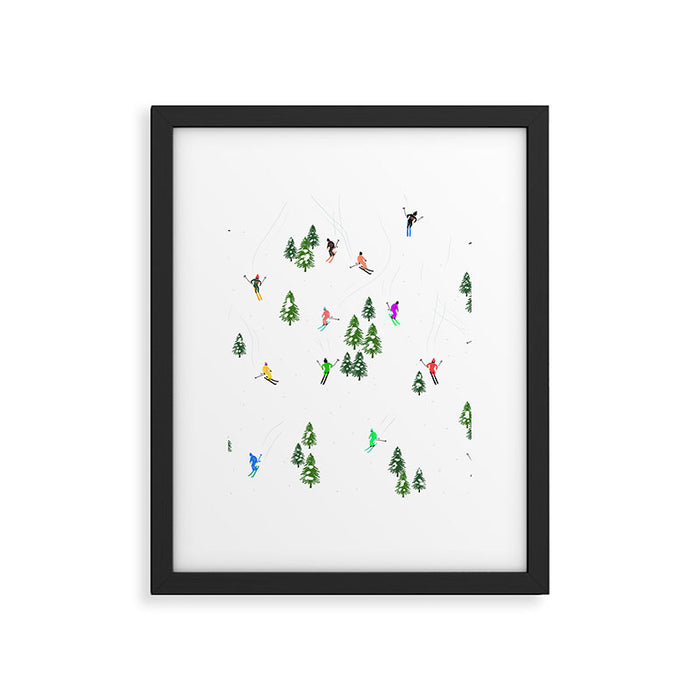 Downhill Mountain Aerial View Skiers - Winter skiing illustration Framed Art Print Gallery Image 1